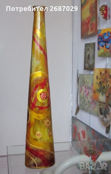 стара жълта стъклена рисувана ваза, снимка 1