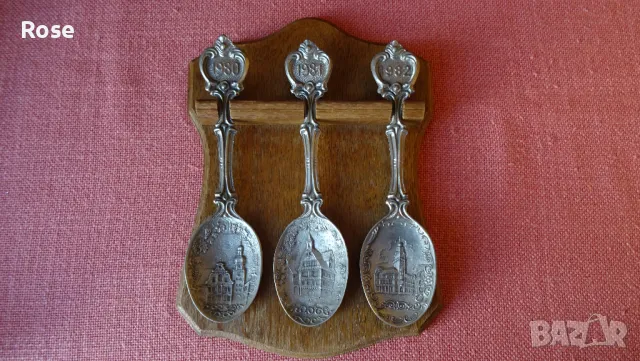 Винтидж калаени лъжици  Zinn Germany върху дървена поставка., снимка 4 - Антикварни и старинни предмети - 47284990