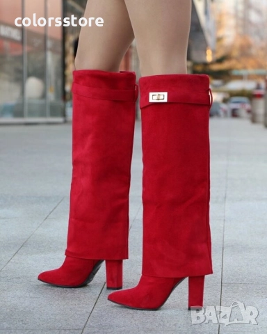 Ботуши на ток - червен велур - KD105, снимка 2 - Дамски ботуши - 48427796