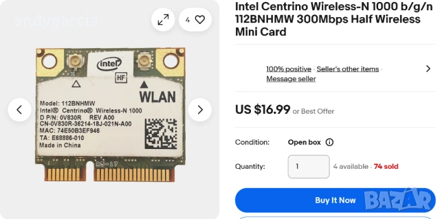 Intel Centrino Wireless-N 1000 Wi-Fi 802.11 b/g/n Single Band Half Mini PCIe карта за безжична мрежа, снимка 4 - Мрежови адаптери - 53901976