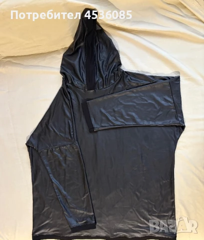 Черен суичър от тънка еко кожа с качулка,без цип свободна кройка-Размер 2XL