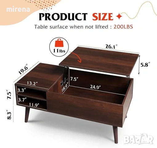 Холна масичка с повдигащ се плот регулируем рафт дърво череша еспресо., снимка 5 - Маси - 53238373