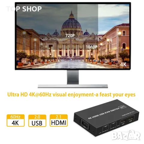 HDMI KVM превключвател 2 компютъра - 1 монитор 4K 60Hz, снимка 5 - Кабели и адаптери - 49457629
