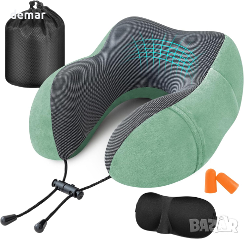 Възглавница за пътуване Jiancrate, с тапи за уши, маска за очи и чанта, снимка 1