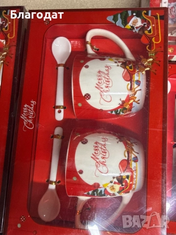 Комплект от 2 керамични чаши с лъжица, коледна тематика, опаковани в подходяща кутия, снимка 6 - Чаши - 52411154