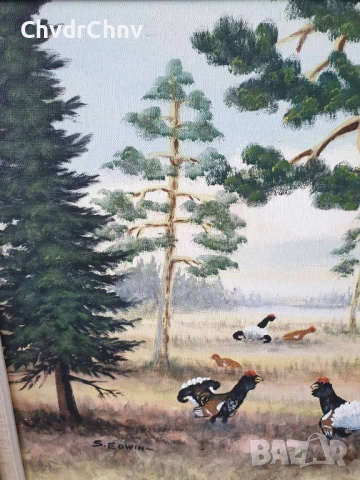 Ritwall 67х57см/стара шведска картина масло върху платно/горски пейзаж-фазани/дървена рамка, снимка 3 - Картини - 51454543