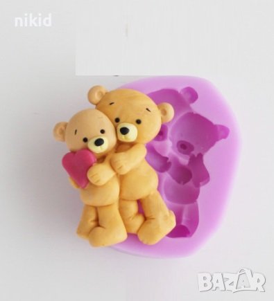 2 Сгушени прегърнати мечета със сърце голям силиконов молд форма калъп фондан шоколад гипс, снимка 2 - Форми - 36793214