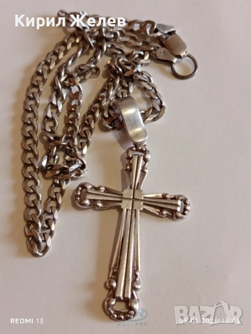 Сребърно колие с Кубинска плетка и масивен кръст с декоративен дизайн ювелирна изработка 31219, снимка 2 - Колиета, медальони, синджири - 52987398