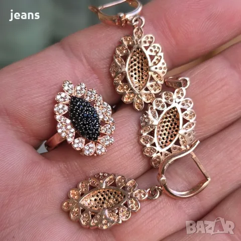 Сребърен комплект пръстен, обеци и висулка с розово покритие 175118, снимка 2 - Колиета, медальони, синджири - 50325794