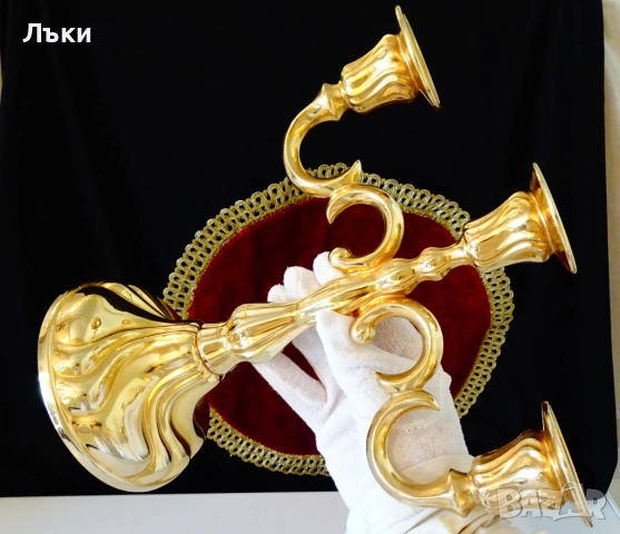 Позлатен троен свещник 1.1 кг.,барок. , снимка 7 - Антикварни и старинни предмети - 51488234