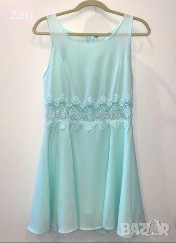 КРАСИВА кукленска рокля без ръкав с дантела в талията в цвят аква, снимка 1