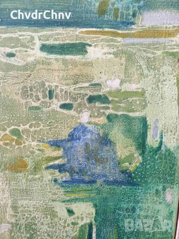 70х40см/абстрактна стара картина масло върху платно/ексресионизъм/зелена вода/дървена рамка, снимка 5 - Картини - 51432205