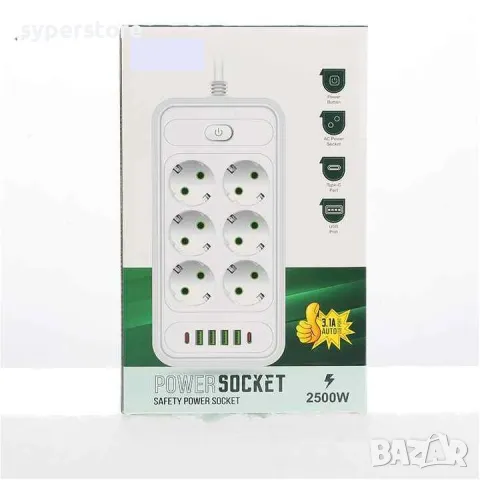 Разклонител 220V 6 гнезда и 4 USB порта + 2xType C Digital One SP00985, f019, Бял, 1.5м 2500W, с клю