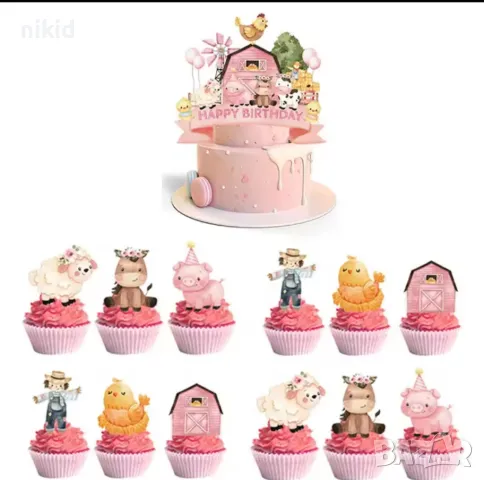 12 бр Ферма домашни животни къси картонени топери топер за торта мъфини