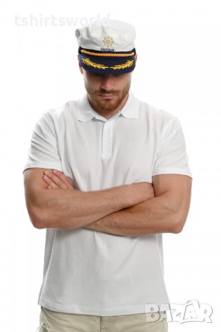 Нов мъжки комплект (сет): бяла мъжка блуза (тениска) тип Lacoste + капитанска шапка
