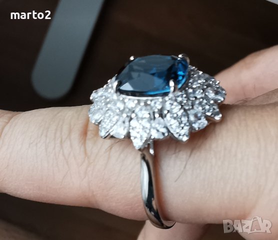 Елегантен Сребърен 925 пръстен с Родиево покритие и Натурален London Blue Топаз и Циркони!, снимка 6 - Пръстени - 42132140