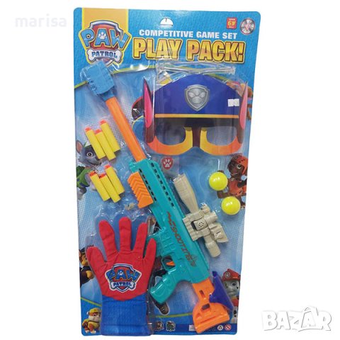 Игрален комплект Пес патрул, пушка с меки патрони, ръкавица и Маска на Чейс - 38356