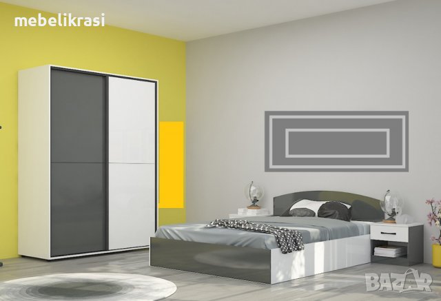 Спален комплект Аполо 4 - 160/200 - повдигащ механизъм, плъзгащи врати - Антрацит гланц/Бяло гланц, снимка 1