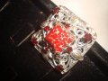 СКЪПОЦЕННА ПОСРЕБРЕНА ФИЛИГРАННА БРОШКА с КОРАЛОВ ЯСПИС и ФАСЕТИРАНИ ГРАНАТИ АРТ-ДЕКО 17641, снимка 9