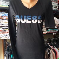 Черна блуза с надпис от сребристи и сини пайети, снимка 1 - Блузи с дълъг ръкав и пуловери - 30162212
