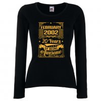 Дамска Тениска FEBRUARY 2002 20 YEARS BEING AWESOME Подарък,Ианенада,Празмик , снимка 1 - Тениски - 37082861