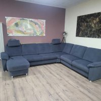 Син П образен ъглов диван от плат с функция сън ZE-EM09003, снимка 1 - Дивани и мека мебел - 44245307