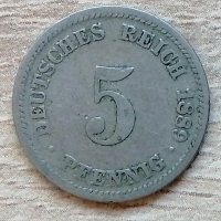 Германия 5 пфенига 1889  "D" - Мюнхен д35, снимка 1 - Нумизматика и бонистика - 33796589
