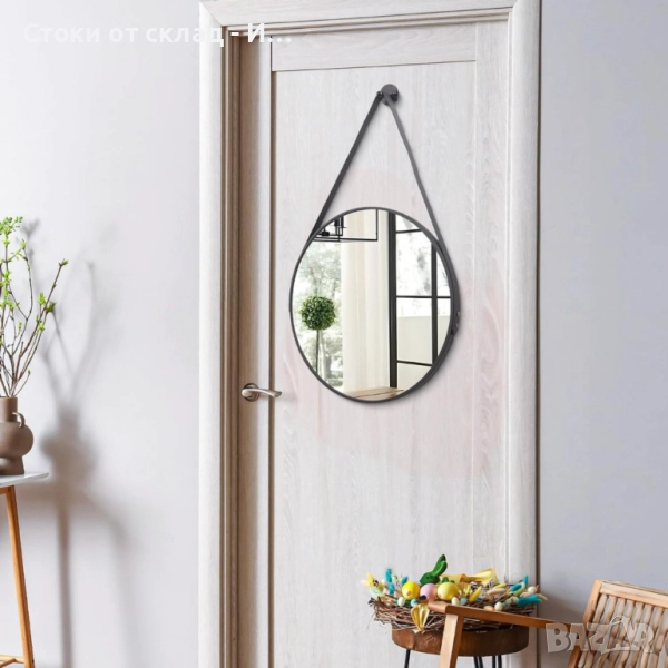 Кръгло огледало 38см с черна рамка и каишка, снимка 1