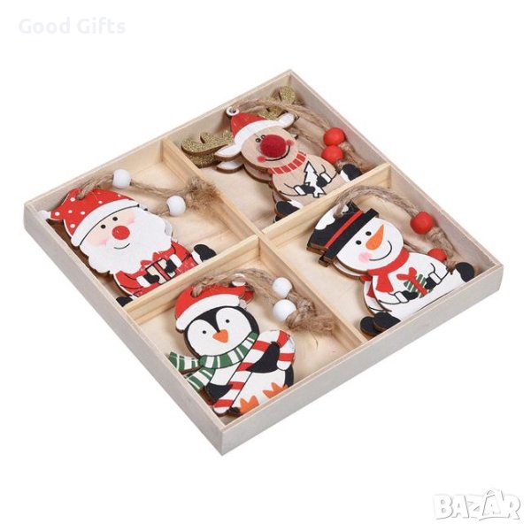 8 броя Комплект дървени играчки за елха, 6см, снимка 1