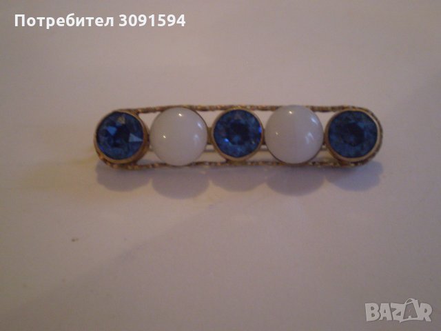 Стара Дамска Брошка МЕСИНГ стъкло е син кристал, снимка 2 - Антикварни и старинни предмети - 35094144