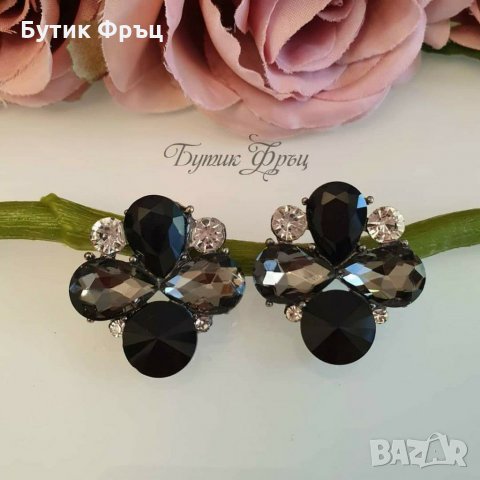 Обеци черни и графит кристали , снимка 2 - Обеци - 31630312