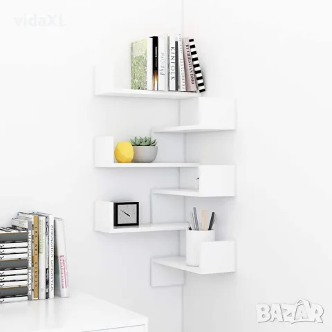 vidaXL Стенни ъглови рафтове, 2 бр, бели, 40x40x50 см, инженерно дърво, снимка 3 - Ракли - 56147797