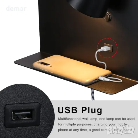 SUNLLOK Модерна LED стенна лампа с USB порт и рафт, черна, снимка 2 - Лампи за стена - 49824738