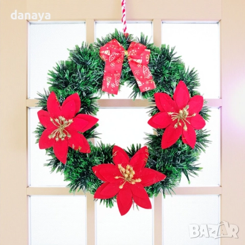 6134 Коледен венец за врата с червени цветя и панделка, 27 см, снимка 3 - Декорация за дома - 51929686