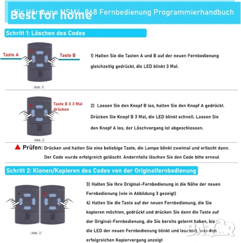 Комплект от 2 дистанционни управления за гаражна врата за Hörmann HSM4-868, 2 бр, снимка 6 - Друга електроника - 54191728