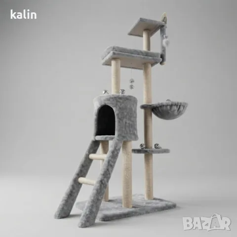 Котешка драскалка с къщичка, легло и платформи, 138 см, светлосива