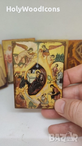 Икона Рождество Христово – дървена православна икона с магнит, 8x6 см, снимка 4 - Икони - 52867232