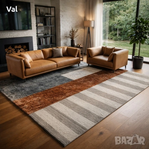 Модерен килим за хол 120х160см - Кафяв меланж с бежови райета и 3D ефект, Противоплъзгащ, снимка 2 - Килими - 53932903