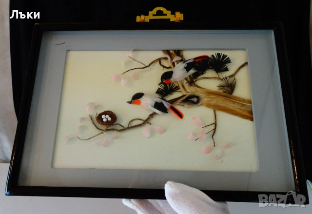 Стара диорама от пера Птици с гнездо,рамка. , снимка 10 - Антикварни и старинни предмети - 51990046