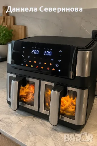 Фритюрник с горещ въздух 8L (2×4L), 2000W, 12 програми, двойна камера, LCD дисплей и прозорци с 