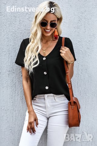 Дамска блуза в черно с къс ръкав и копчета, снимка 3 - Тениски - 40518004