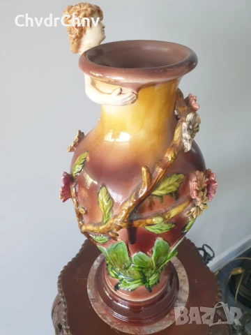 майолика ваза 44см-3кг/еротика/фигурална френска керамична ваза с релефни цветя и голо момиче, снимка 5 - Антикварни и старинни предмети - 51312196