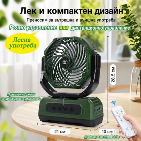 Акумулаторен вентилатор с дистанционно RGB осветление и таймер, снимка 3 - Аксесоари и консумативи - 55865406