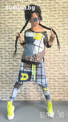 Страхотен дамски сет потури и блуза дънкови с леопардово в уникален стил!