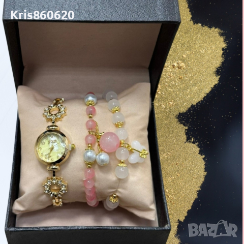 Елегантен дамски комплект аксесоари - часовник с камъни цирконии и 2 броя гривни с естествени камъни, снимка 6 - Дамски - 44535989
