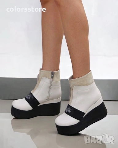 Боти на платформа - бежова кожа с черно ходило - K135, снимка 1 - Дамски боти - 34112011