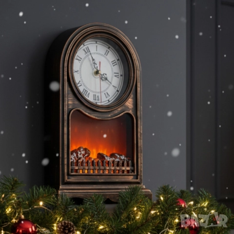 Винтидж настолен часовник с LED камина – уют и стил в едно
