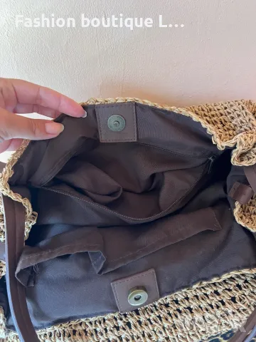 Плетена плажна чанта бохо стил с кафеви кожени дръжки и вътрешен джоб с цип 🤎, снимка 5 - Чанти - 47945643