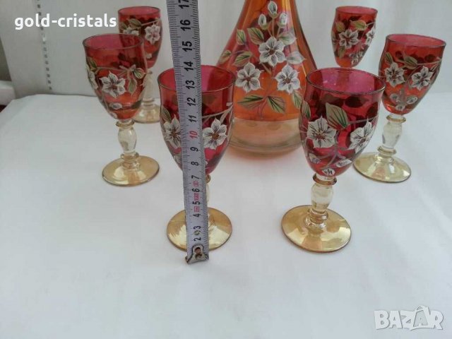 Кристални чаши и гарафа Бохемия рисувани цветно стъкло, снимка 3 - Антикварни и старинни предмети - 31273543