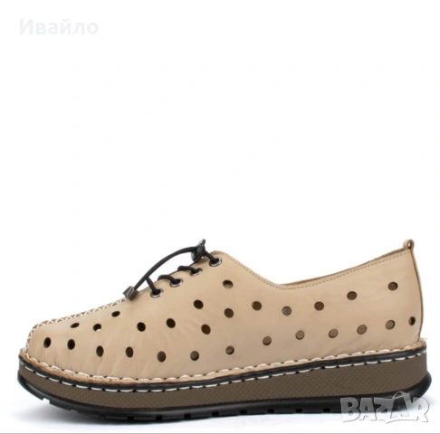 Дамски обувки от естествена кожа в бежово с перфорация и връзки, снимка 3 - Дамски ежедневни обувки - 53915800